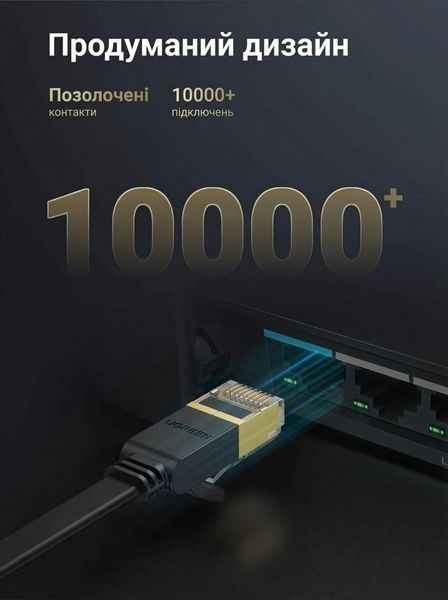 Мережевий кабель Ugreen 20 м Cat 7 10 Гбіт/с плаский RJ45 екранований позолочені контакти Чорний 11267 фото