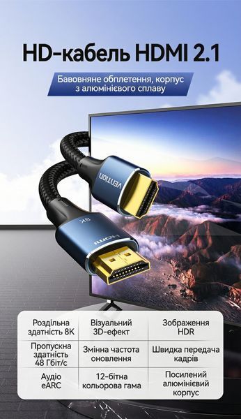 Кабель HDMI на HDMI Vention 3м версия 2.1 Ultra High Speed 8K 60Hz 48 Гбит/с поддержка eARC HDR VRR хлопковая оплетка Синий ALGLI фото