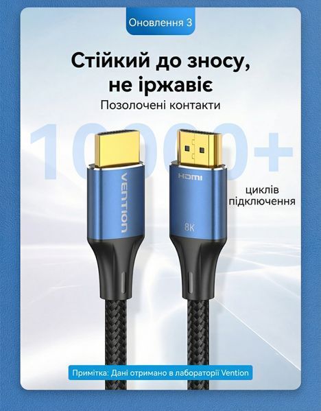Кабель HDMI на HDMI Vention 3м версия 2.1 Ultra High Speed 8K 60Hz 48 Гбит/с поддержка eARC HDR VRR хлопковая оплетка Синий ALGLI фото