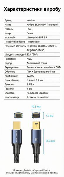 Кабель Mini DisplayPort на Mini DisplayPort Vention 1.5 м DisplayPort 1.4 8K 60Гц 4K 144Гц 32.4 Гбит/с динамический HDR хлопковая оплетка Синий HCGLG фото