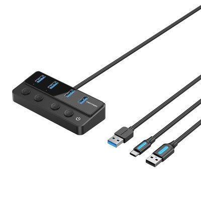 USB-хаб Vention 1 м 4 порта USB 3.0 с отдельными выключателями скорость 5 Гбит/с дополнительное питание USB-C Черный CHWBF фото