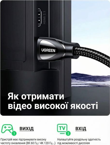 Кабель HDMI Ugreen 1.5 м HDMI на HDMI версия 2.1 48 Гбит/с поддержка 8K 60 Гц и 4K 240 Гц HDR10+ eARC нейлоновая оплетка Черный 80402 фото