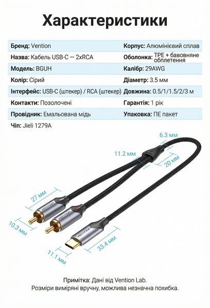 Аудіокабель Vention 1.5 м USB-C на 2 RCA Hi-Fi звучання позолочені контакти бавовняне обплетення алюмінієвий корпус Сірий BGUHG фото