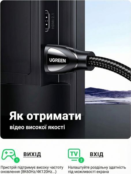 Кабель HDMI Ugreen 2м версия 2.1 8K 60Hz 4K 240Hz 48 Гбит/с поддержка eARC HDR10+ Dolby Vision VRR ALLM нейлоновая оплетка Черный 80403 фото