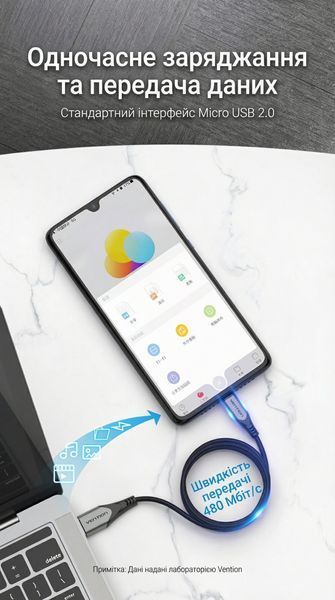 Магнітний кабель 2-в-1 Vention 0.5 м USB-A на Micro USB / USB-C 5 А швидка зарядка нейлонове обплетення передача даних Сірий CQNHD фото
