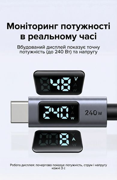 Кабель с дисплеем Ugreen L530 USB-C на USB-C PD 3.1 240 Вт 1 м Черный (65866) 65866 фото