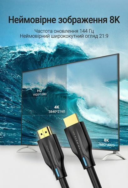 Кабель HDMI Vention 1.5 м v2.1 HDMI на HDMI 8K 60 Гц 4K 120 Гц 48 Гбит/с поддержка eARC VRR динамический HDR позолоченные коннекторы Черный AANBG фото