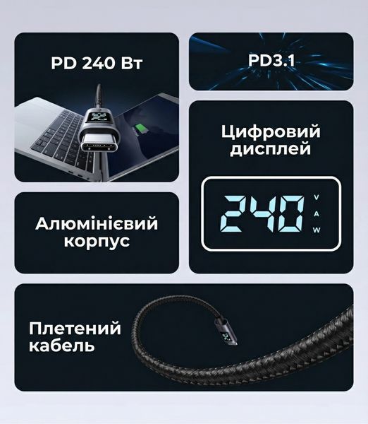 Кабель с дисплеем Ugreen L530 USB-C на USB-C PD 3.1 240 Вт 1 м Черный (65866) 65866 фото