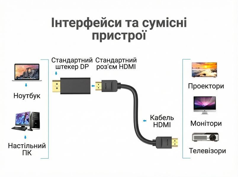 Адаптер Vention DisplayPort штекер на HDMI гніздо 1080P 60 Гц синхронізація аудіо та відео позолочені контакти Чорний HBKB0 фото