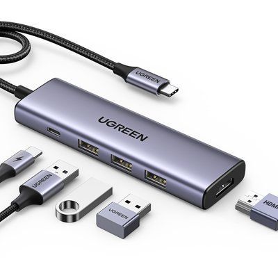 USB-хаб Ugreen 5-в-1 USB-C на HDMI 4K 60 Гц PD 100 Вт 3xUSB 3.0 5 Гбит/с алюминиевый корпус темно-серый 15597 фото