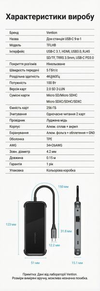Док-станция Vention 0.15 м 9-в-1 HDMI 4K 60Гц PD 100 Вт RJ45 1000 Мбит/с 3xUSB 3.0 SD TF Audio 3.5 мм Серый TFLHB фото