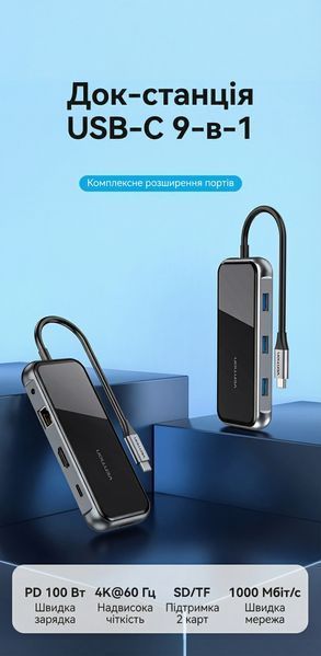 Док-станция Vention 0.15 м 9-в-1 HDMI 4K 60Гц PD 100 Вт RJ45 1000 Мбит/с 3xUSB 3.0 SD TF Audio 3.5 мм Серый TFLHB фото