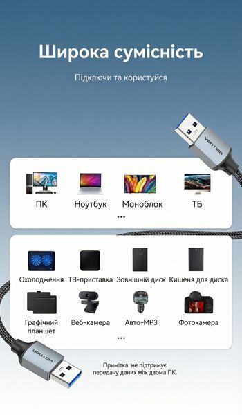 Кабель USB 3.0 Type-A на Type-A Vention 3м швидкість 5 Гбіт/с бавовняне обплетення алюмінієві конектори Сірий CTSHI фото