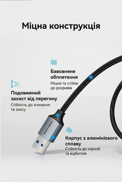 Кабель USB 3.0 Type-A на Type-A Vention 3м швидкість 5 Гбіт/с бавовняне обплетення алюмінієві конектори Сірий CTSHI фото
