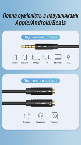 Кабель-розгалужувач Vention 0.3m штекер 3.5 мм на 2х 3.5 мм гнізда для мікрофона та навушників позолочені контакти алюмінієвий корпус Чорний BBVBY фото