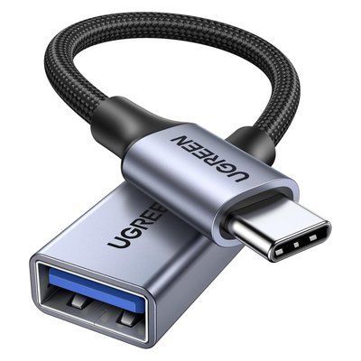 Кабель-переходник UGREEN 15 см USB-C на USB 3.0 поддержка OTG скорость 5 Гбит/с нейлоновая оплетка алюминиевый корпус серый 70889 фото