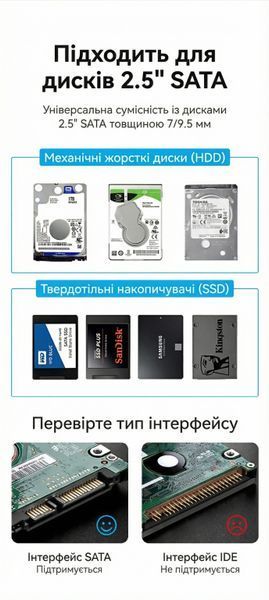 Кишеня для HDD/SSD Vention 2.5" SATA на USB 3.0 Micro-B 5 Гбіт/с підтримка 6 ТБ UASP Чорний KPAB0 фото
