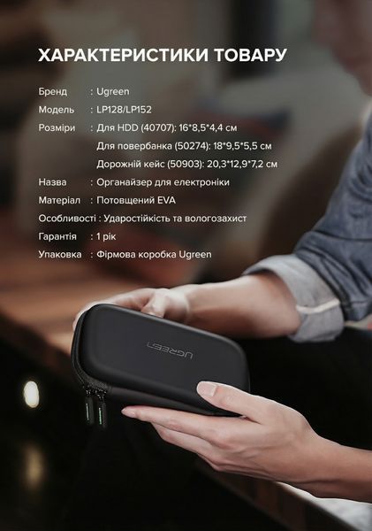 Чехол-органайзер Ugreen 16.5x9.5x4.5 см для 2.5'' HDD/SSD и повербанка твердый корпус EVA ударопрочный влагозащищенный Черный 40707 фото