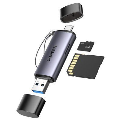 Кардридер Ugreen USB-C и USB-A на SD и Micro SD параллельная работа с картами USB 3.0 5 Гбит/с поддержка OTG до 2 ТБ Серый 50706 фото