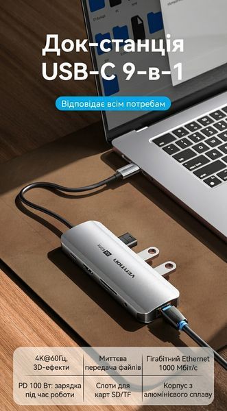 Док-станция USB-C Vention 0.15 м 9-в-1 HDMI 4K 60Hz PD 100 Вт RJ45 1000 Мбит/с 3xUSB 3.0 SD TF 3.5 мм алюминий Серый TQLHB фото