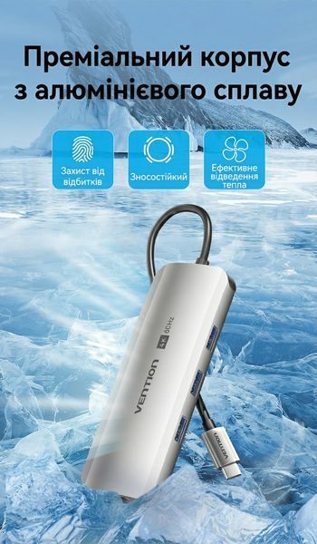 Док-станция USB-C Vention 0.15 м 9-в-1 HDMI 4K 60Hz PD 100 Вт RJ45 1000 Мбит/с 3xUSB 3.0 SD TF 3.5 мм алюминий Серый TQLHB фото