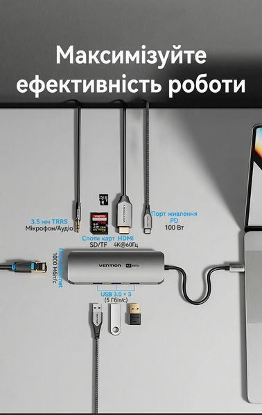 Док-станция USB-C Vention 0.15 м 9-в-1 HDMI 4K 60Hz PD 100 Вт RJ45 1000 Мбит/с 3xUSB 3.0 SD TF 3.5 мм алюминий Серый TQLHB фото
