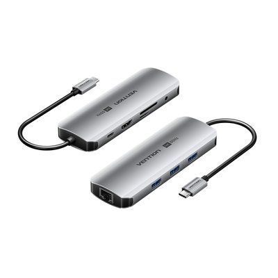 Док-станция USB-C Vention 0.15 м 9-в-1 HDMI 4K 60Hz PD 100 Вт RJ45 1000 Мбит/с 3xUSB 3.0 SD TF 3.5 мм алюминий Серый TQLHB фото