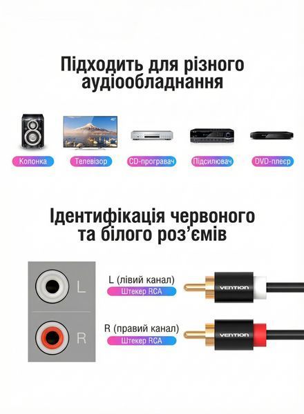 Аудіокабель 2RCA на 2RCA Vention 2м штекер-штекер Hi-Fi позолочені контакти емальований мідний провідник алюмінієвий корпус Чорний VAB-R06-B200 фото