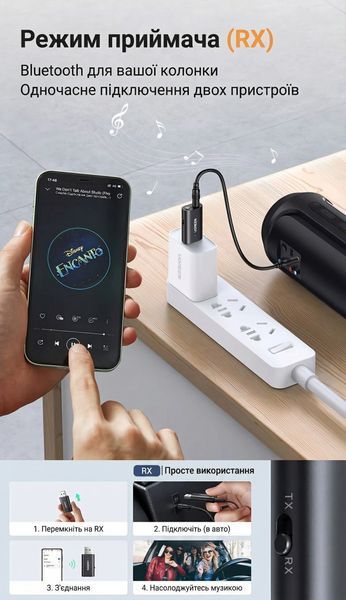 Bluetooth адаптер Ugreen Bluetooth 5.1 приемник-передатчик 2-в-1 AUX 3.5 мм питание USB встроенный микрофон Черный 60300 фото