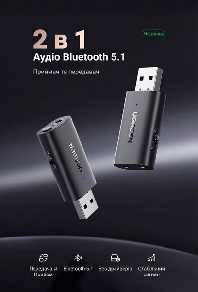 Bluetooth адаптер Ugreen Bluetooth 5.1 приемник-передатчик 2-в-1 AUX 3.5 мм питание USB встроенный микрофон Черный 60300 фото