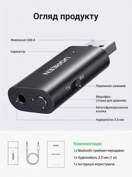 Bluetooth адаптер Ugreen Bluetooth 5.1 приемник-передатчик 2-в-1 AUX 3.5 мм питание USB встроенный микрофон Черный 60300 фото