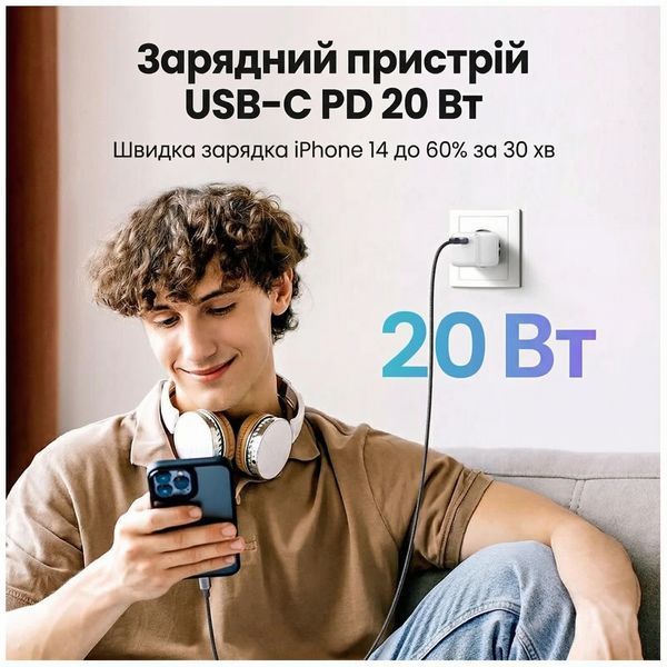 Мережевий зарядний пристрій Ugreen 1x USB-C 20 Вт технологія GaN швидка зарядка PD 3.0 та QC 4.0+ Сірий 55528 фото