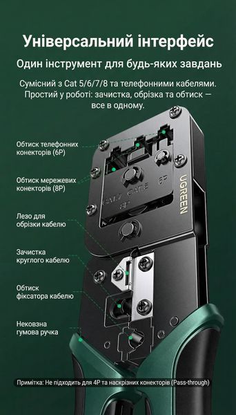 Кримпер Ugreen для коннекторов RJ45 RJ11 Cat 5e 6 7 8 инструмент 3 в 1 зачистка резка и обжим углеродистая сталь Черный 15115 фото